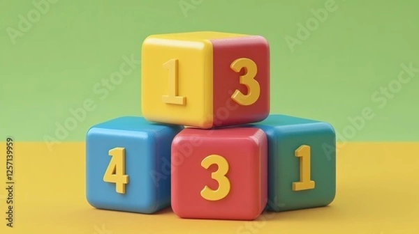 Fototapeta Preschool Number 123 Block 3D Icon Isolated on Illustration Background: One, Two, Three Education Cube Brick Concept for School Learning and Child Play