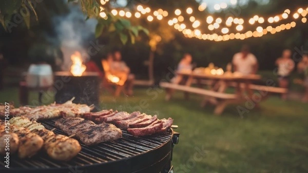 Fototapeta Festive backyard barbeque party with grilled meats and string lights