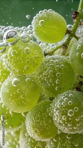 Fototapeta green grapes covered with bubbles in sparkling water