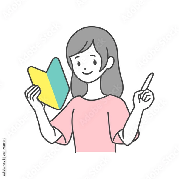 Obraz イラスト素材:初心者マークを持つ女性　指さしポーズ