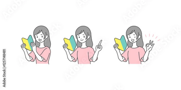 Obraz イラスト素材:初心者マークを持つ女性バリエーションイラストセット