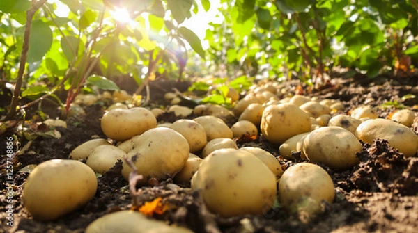 Fototapeta A bunch of potatoes are in the dirt.