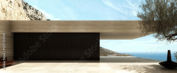 Fototapeta Modern architecture blends seamlessly with natural landscape at coastal villa retreat