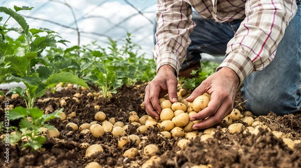 Fototapeta A man is holding a bunch of potatoes in his hands