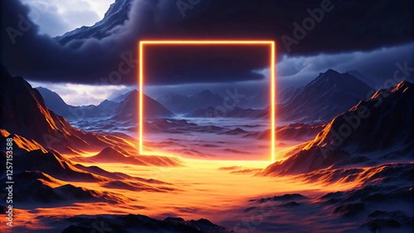 Fototapeta In a mystical scene, a luminous frame illuminates the undulating hills and distant mountains, creating a striking contrast with the dark, brooding clouds above