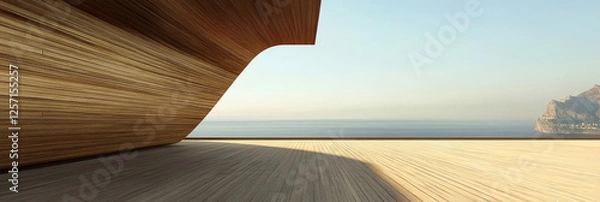 Fototapeta Modern architectural design overlooking serene ocean view at sunset