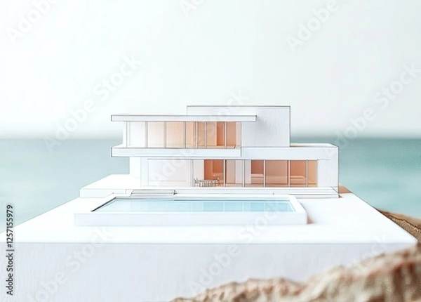 Obraz Modern Architectural Model With Pool Overlooking Ocean