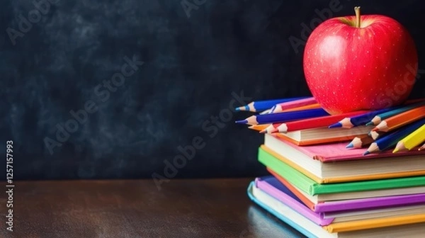 Fototapeta Apple placed on top of a stack of books in a cozy reading environment with natural light
