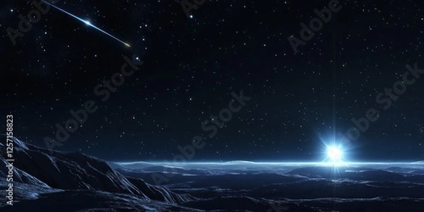 Fototapeta Alien Planet Sunrise With Shooting Star Across Night Sky