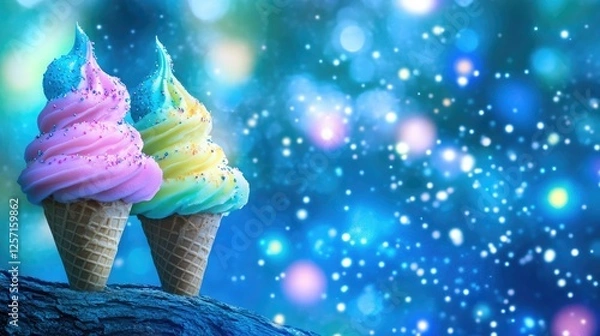 Obraz Two pastel ice cream cones on a branch
