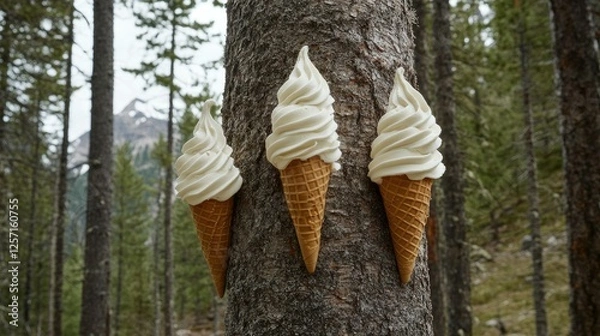 Obraz Three Ice Cream Cones Adorn a Forest Tree Trunk