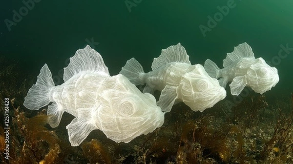 Obraz Three translucent fish sculptures rest on seabed