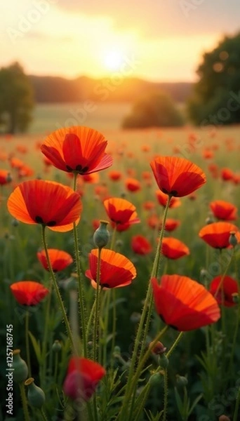 Fototapeta Red poppies sway in the warm evening breeze amidst tall grasses, colorful blooms, red poppies, rustic scene