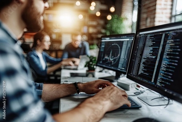Obraz Programmer Working on Computer Code in Modern Office