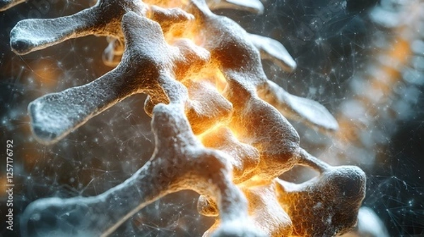 Fototapeta Detailed 3D Render of Human Spine Vertebrae with Glowing Core Medical Illustration
