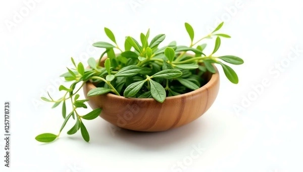 Fototapeta marjoram placed in a rustic wooden bowl, isolated on a pure white background with a precise clipping path
