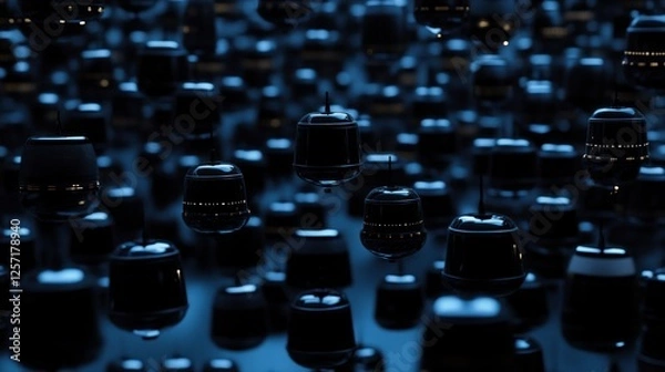 Fototapeta Numerous dark metallic objects suspended in an organized chaotic manner