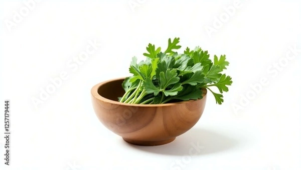 Fototapeta coriander placed in a rustic wooden bowl, isolated on a pure white background with a precise clipping path
