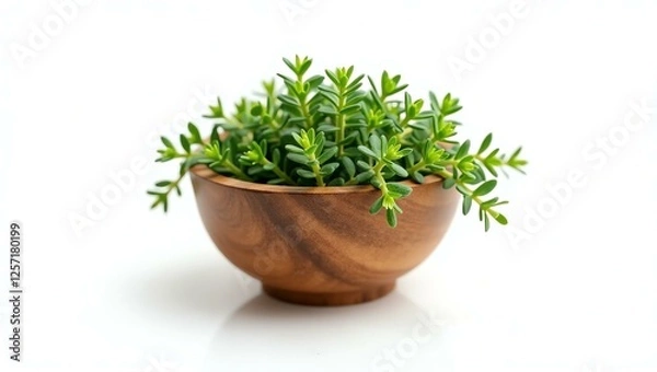Fototapeta thyme placed in a rustic wooden bowl, isolated on a pure white background with a precise clipping path