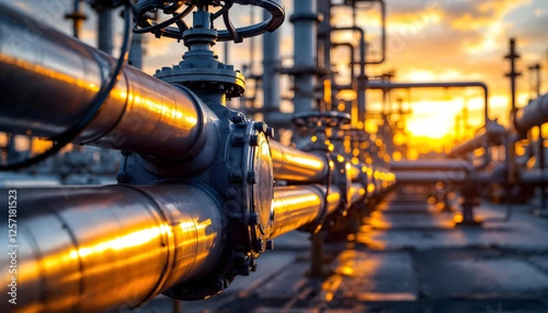 Fototapeta Industrial infrastructure with multiple pipelines and valves for district heating