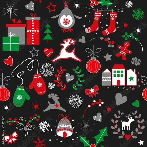 Obraz Seamless vector pattern with Christmas elements