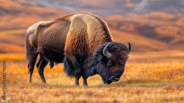 Fototapeta American bison grazing peacefully in a field of golden grass