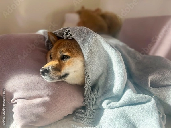 Fototapeta Pensive Shiba Inu with a sorrowful expression, head nestled under a blanket. The mood is reflective and contemplative. High quality close-up photo. copy space available.