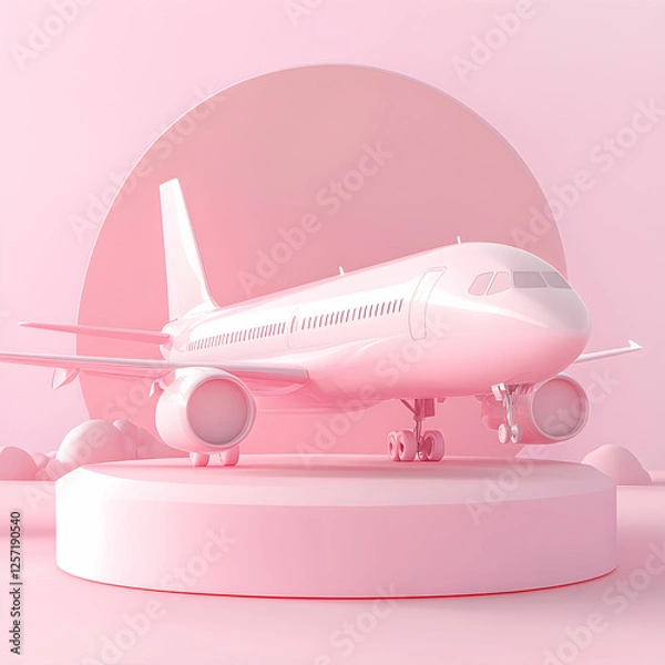 Fototapeta Pastel pink airplane with podium Plane take off and pastel background 3d render