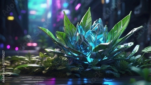 Fototapeta A digital rendering of a young green plant sprouting from the soil