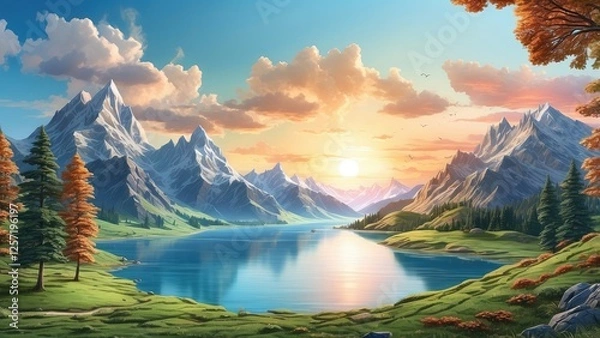 Fototapeta Golden Mountain Landscape with a Moonlit River and Trees in 3D Paper Art Style