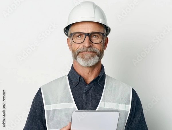 Fototapeta mature man wearing hard hat and safety vest holds clipboard, exuding confidence and professionalism. He appears to be engineer or construction worker, focused on his task