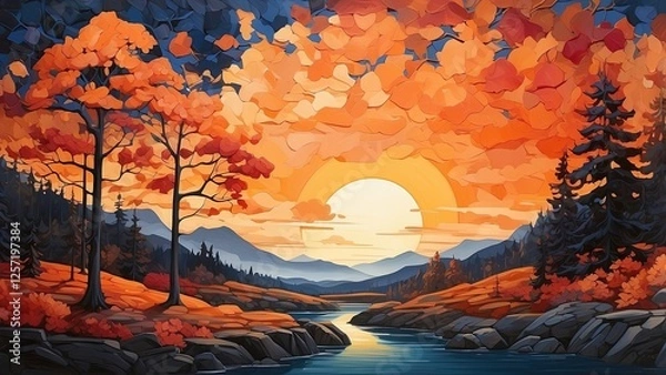 Fototapeta "Dynamic Artwork Showcasing a Forest Fire with Radiant Sunlight and Lush Foliage, Highlighting Nature’s Resilience"