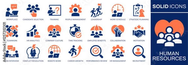Obraz Human resources icons, such as recruitment, hr management, collaboration, teamwork and more. Vector illustration. Easily changes to any color.
