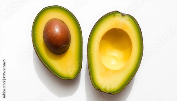 Fototapeta Aesthetic flat lay composition featuring two avocado halves on a pastel-colored background. One half contains the seed, while the other is pitless, showing off its fresh and creamy texture. 