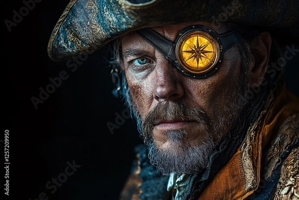 Fototapeta A weathered pirate captain with a compass eyepatch