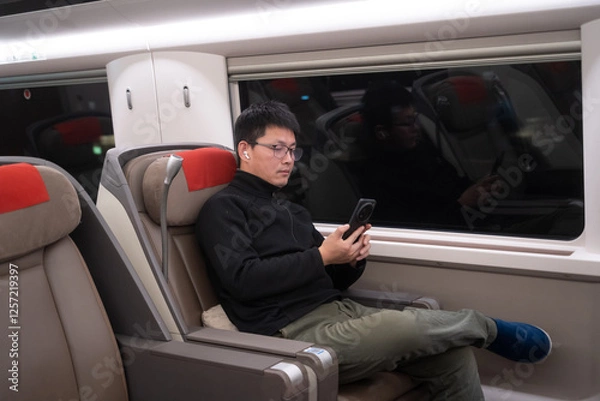 Fototapeta asian man  is using smart phone on a train