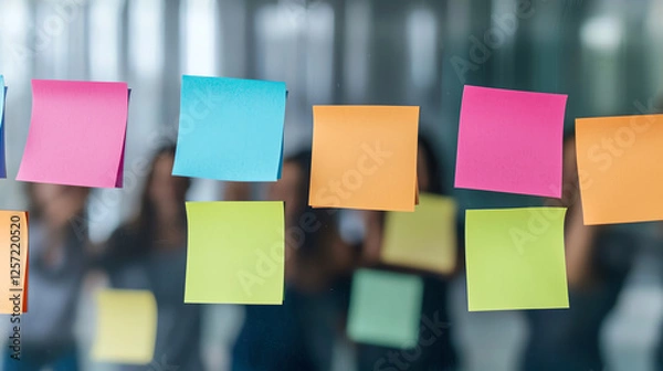 Fototapeta Brainstorming session with colorful sticky notes on glass wall