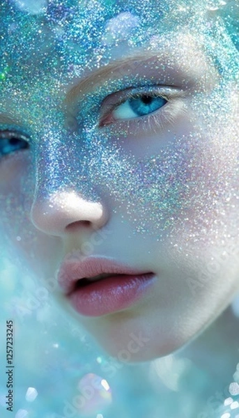 Fototapeta Close-up of a face adorned with shimmering blue glitter, creating a magical, ethereal effect.