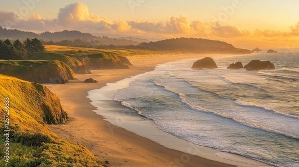 Obraz Serene Beach Landscape with Rolling Waves at Sunset