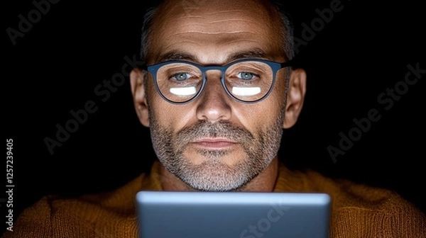 Obraz Focused Man Using Tablet in Dimly Lit Room with Intense Expression
