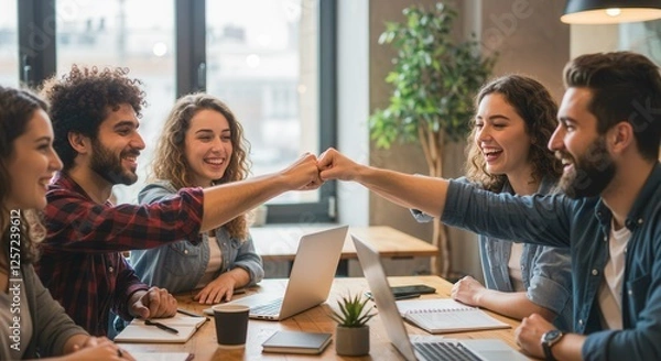 Fototapeta Happy colleagues business partners friends college students classmates giving fist bump while working studding doing home work create start up project together at the working desk