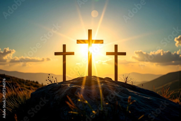 Fototapeta Good Friday and Easter:Jesus Christ, there are three crosses on the rock, with dramatic sunlight shining in the background.