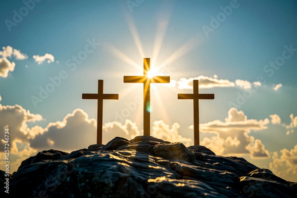 Fototapeta Good Friday and Easter:Jesus Christ, there are three crosses on the rock, with dramatic sunlight shining in the background.