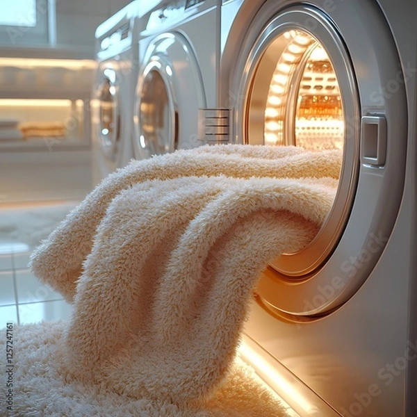Fototapeta Soft bath towels drying inside a modern laundry room with illuminated appliances and a tidy atmosphere