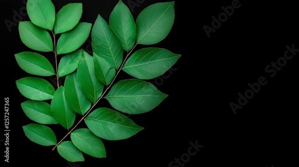Obraz Fresh Green Leaves Isolated on Black Background for Natural Designs