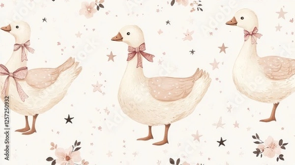 Fototapeta 72.Repeating illustration of geese adorned with bows and scarves, interacting with tiny stars and flowers, on a pastel-toned background, designed for childrenâ€™s textiles or wallpapers.