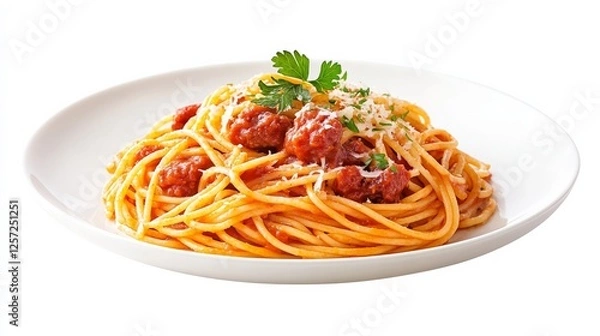 Fototapeta Spaghetti with Meatballs: A tantalizing plate of spaghetti with meatballs, smothered in a rich tomato sauce and topped with a sprinkle of grated cheese and fresh parsley.