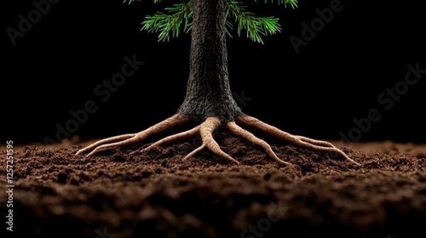 Obraz Close-Up of Tree Roots and Soil in Dark Background for Nature Theme