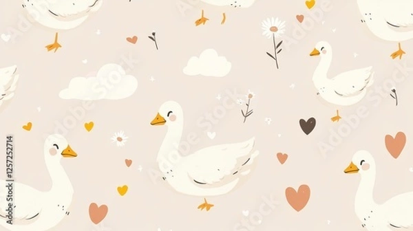 Fototapeta 70.Cute seamless pattern of white geese with yellow beaks, surrounded by hand-drawn hearts, daisies, and scattered clouds, on a light and airy background.