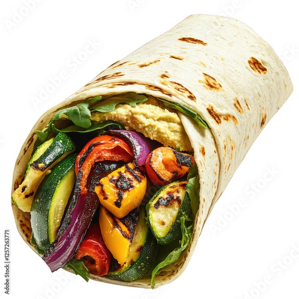 Obraz A vegetarian wrap with colorful grilled vegetables and hummus, cut-out style PNG, artistic designer illustration, transparent background, PNG